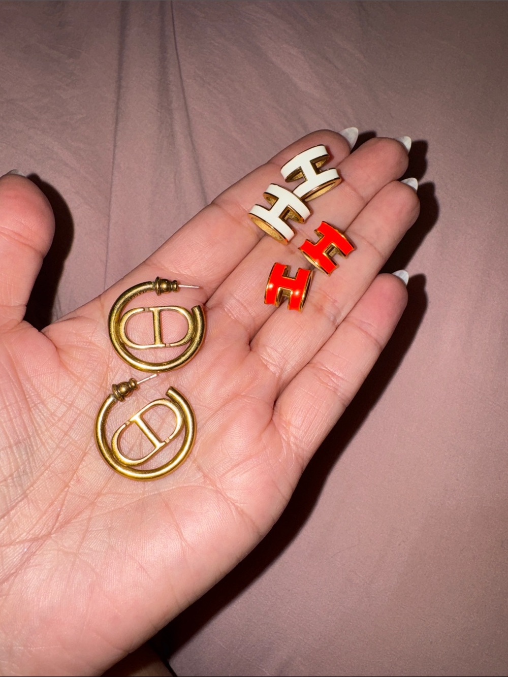 Bundle: Gold Hoop Earrings and Enamel H Earrings Set - White & orange
